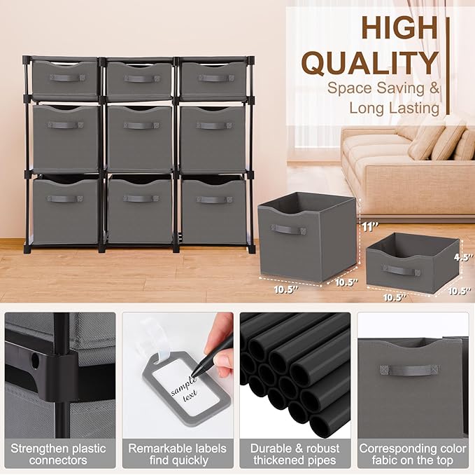 9 Cube Storage Organizer Shelf with Storage Bins and Label, 11 Inch Toy Cube Bins Clothes Closet Organizers Drawers Fabric Dr