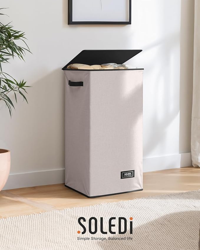 SOLEDI Slim Laundry Hamper with Lid, Narrow Laundry Basket with Removable Bags, Dirty Clothes Hamper with handle, Small Hampe