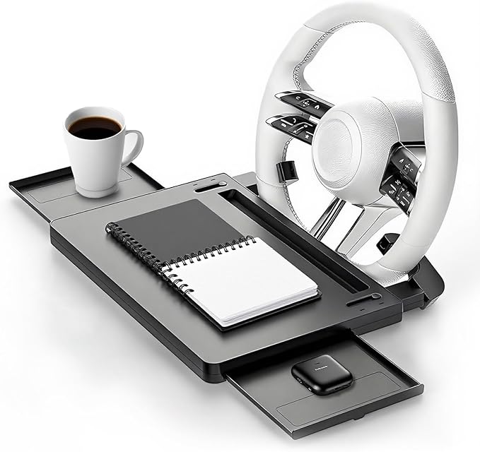 Large Car Steering Wheel Desk with Retractable Tray, Car Steering Wheel Tray Laptop Mount for Eating Food Drink and Writing Work, Fits for Most Cars (Black)