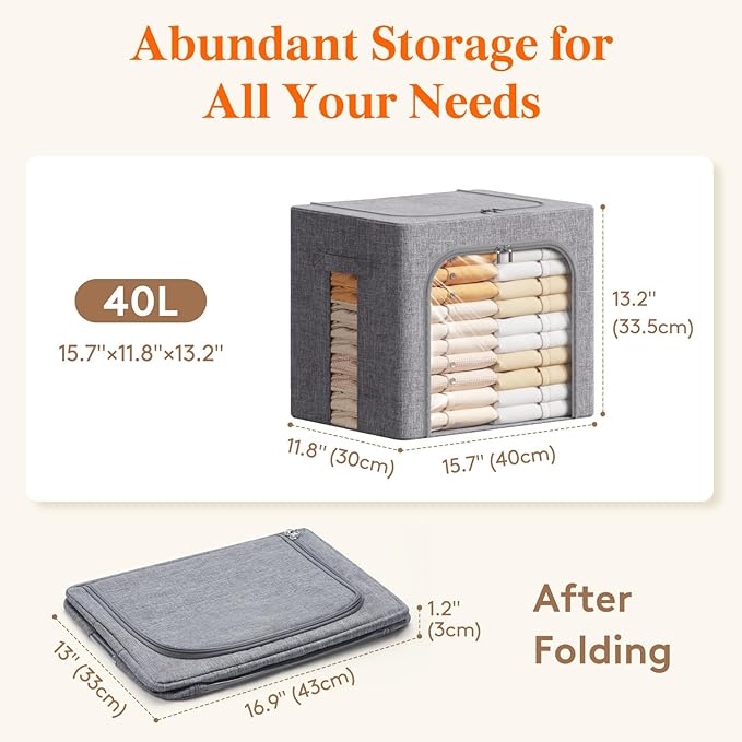 Lifewit Clothes Storage Bins with Metal Frame, Stackable Storage Box, Foldable Clothing Storage Bins with Lids, 40L Storage B