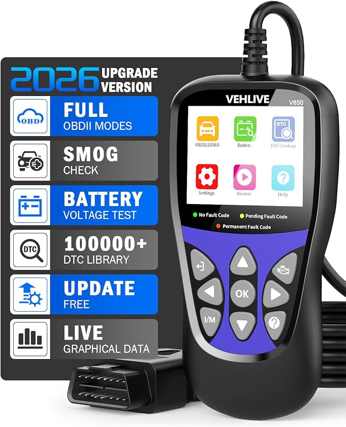 OBD2 Scanner Diagnostic Tool, VEHLIVE V850 Car Code Reader for Check Engine Light with Reset, I/M Readiness, Battery Tester,