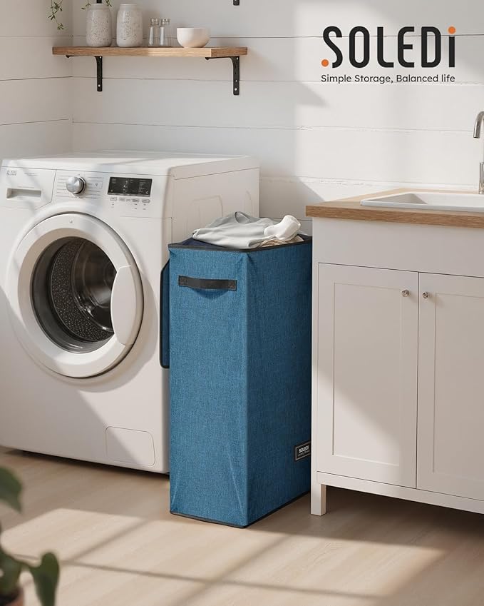 SOLEDI Slim Laundry Hamper with Lid, Narrow Laundry Basket with Removable Bags, Dirty Clothes Hamper with handle, Small Hampe