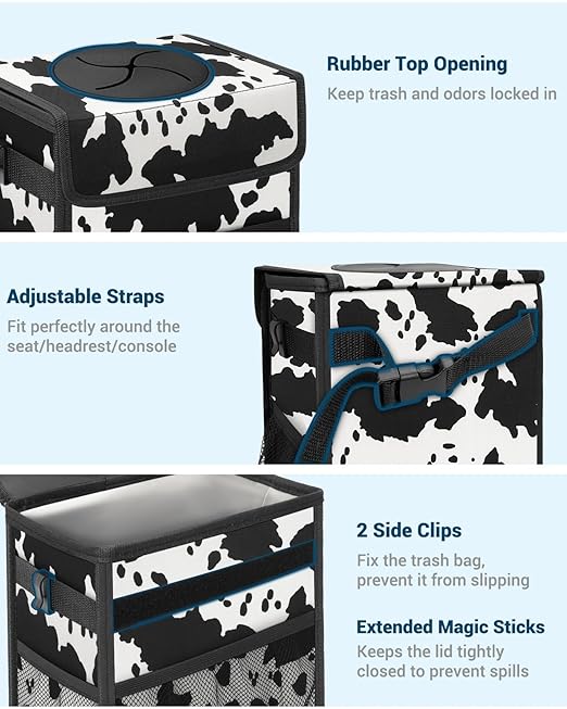 Capolo Car Trash Can with Lid, Leakproof Car Trash Bag Hanging Waterproof Automotive Garbage Can with Storage Pockets Mini Vehicle Trash Bin for Back/Front Seat(Cow Print,3 Gallon)