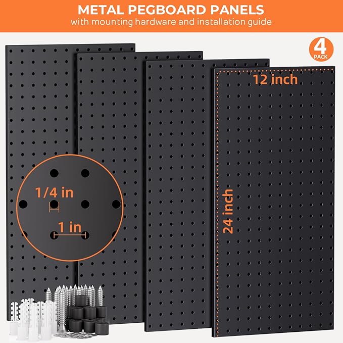 INCLY 4 Pack Peg Board, 12"x24" Upgrade Heavy Duty Metal Pegboard Panels, Black Pegboard Wall Organizer, Peg Board Panels for