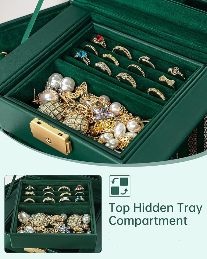 AKOZLIN 4-Tier Jewelry Box Leather Jewelry Storage Organizer with 3 Drawers Lockable for Women Girls Ring Necklace Earring Br