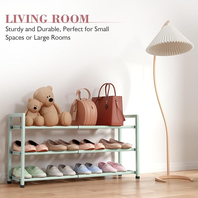Bumusty 3-Tier Expandable Shoe Rack for Closet, 18“-33” Adjustable Shoe Rack for Small Space, Small Shoe Organizer for Front 