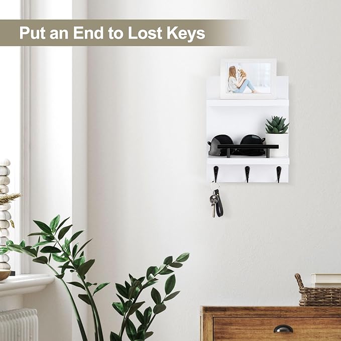 Key Holder Wall Mount, Mail Shelf Decor with 3 Key Hooks, Versatile Wood Wall Organizer for Entryway Hallway (8.2” x 10.6”x 3