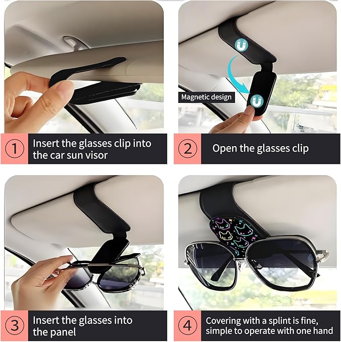 Sunglasses Holder for Car Visor, PU Leather Glasses Clip Organizer, Cute Magnetic Eyeglass Holder for Vehicle Sun Visor, Car Interior Accessory for Women & Men Neon Outline Cat