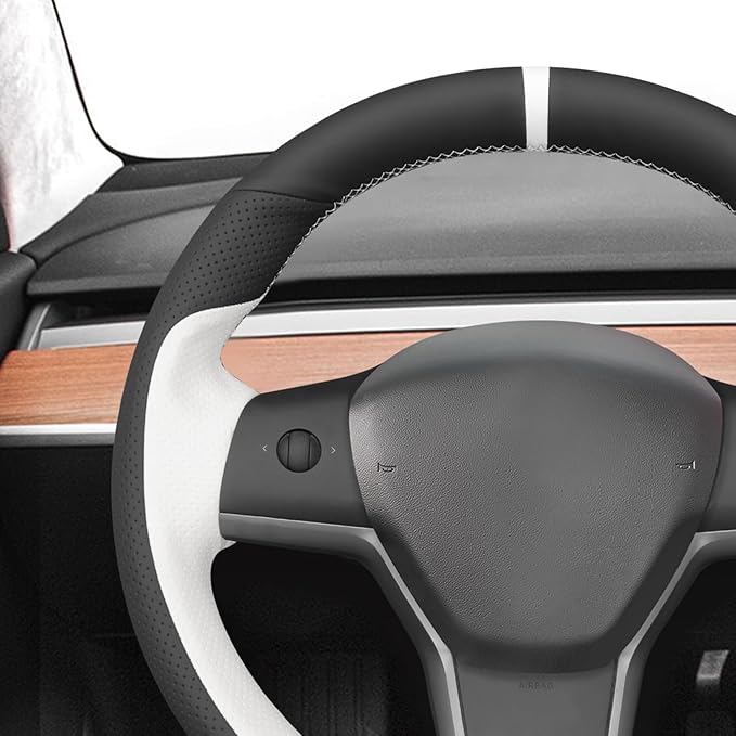 MEWANT Hand Stitched White Leather Tesla Model 3 Steering Wheel Cover for Tesla Model 3 2017-2023 / Model Y 2020-2023 for Tesla Model 3/Y Accessories