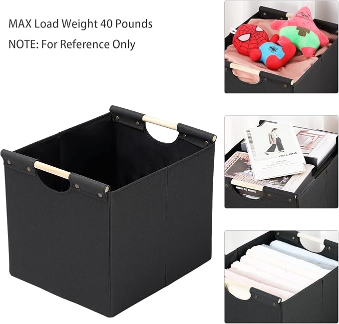 HOONEX Large Collapsible Storage Bins, Linen Fabric, Pack of 2, Storage Baskets with Wooden Carry Handles and Sturdy Heavy Ca
