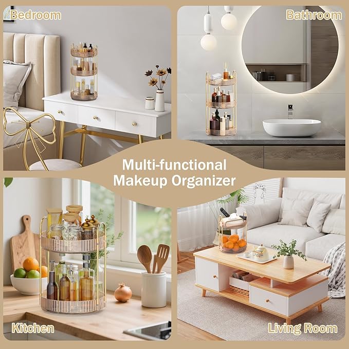 MOKANI 360 Rotating Makeup Organizer for Vanity, 2 Tier Adjustable Perfume Organizer for Dresser, Multi-Function Spinning Cos