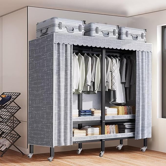 Metal Mobile Clothes Drying Rack - Fabric Wardrobe Closet, With Cover And Wheels Collapsible Clothes Rack, Heavy Duty Portabl