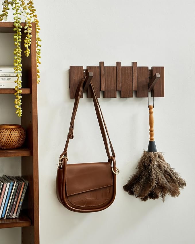 Wood Coat Rack Wall Mount - Large Walnut Piano Coat Rack wtih 5 Hooks for Hanging Clothes,Keys,Robes,Purse,Towels,Modern Deco