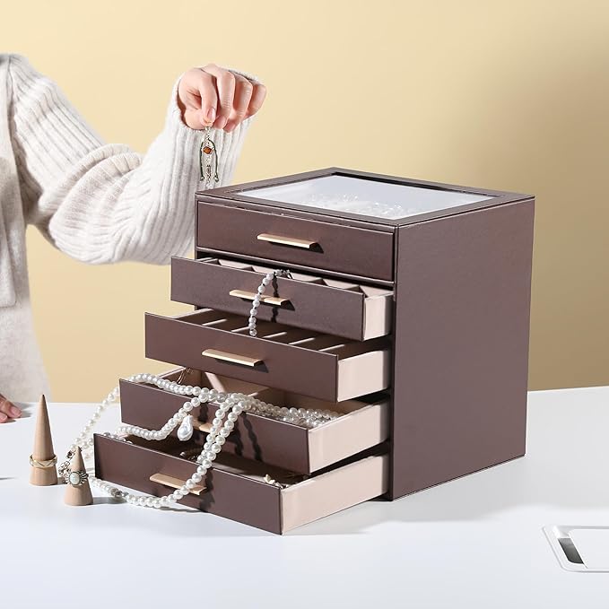 Frebeauty Clear Lid Jewelry Box,5-Layer Jewelry Organizer with Drawer,PU Leather Jewelry Organizers and Storage,Jewelry Boxes