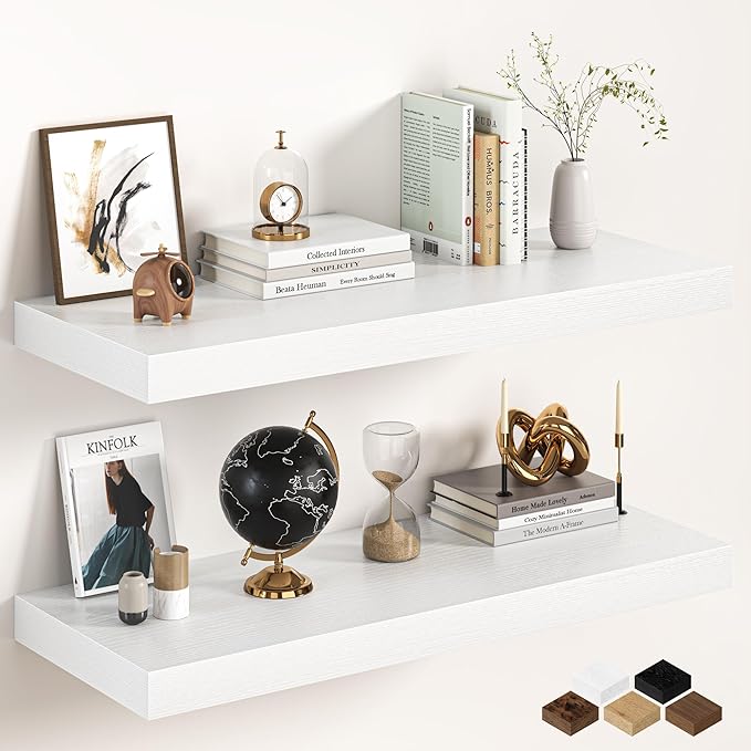 36Inch White Floating Shelves for Wall, 12 Inch Deep Shelves for Bedroom, Kitchen, Bathroom Wall Mounted, Rustic Wood Floatin