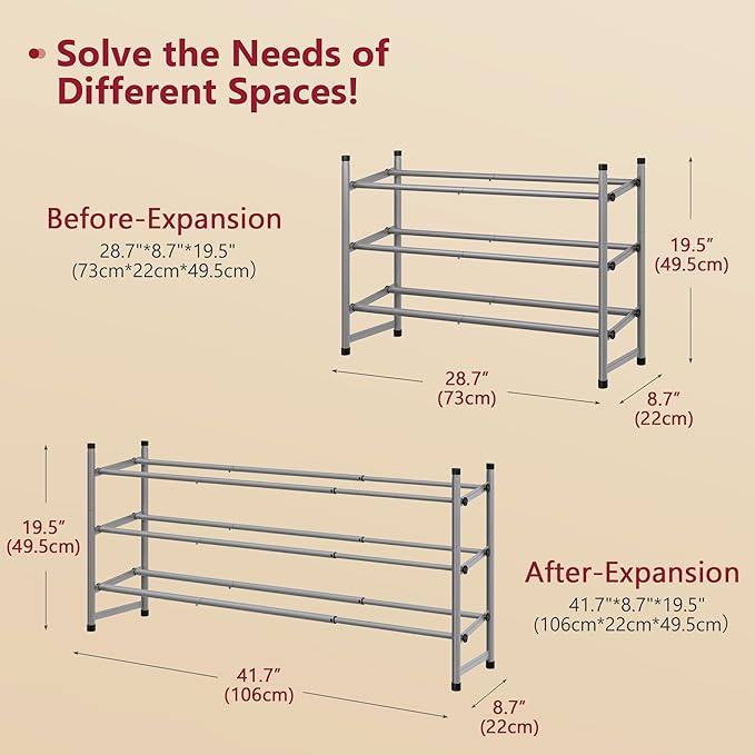 Tajsoon Expandable Shoe Rack for Closet 3 Tier, 28“-41“Adjustable & Stackable Shoe Shelf Storage, Metal Shoe Rack Organizer f