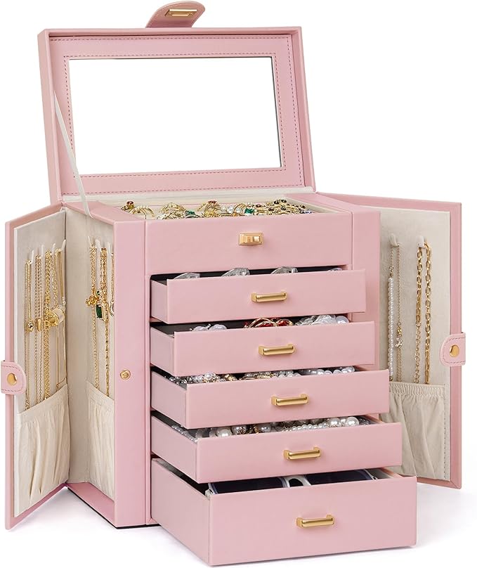 AKOZLIN 6-Tier Jewelry Box Organizer Functional 5 Drawers Leather Jewelry Storage Case for Women Girls Ring Necklace Earring 