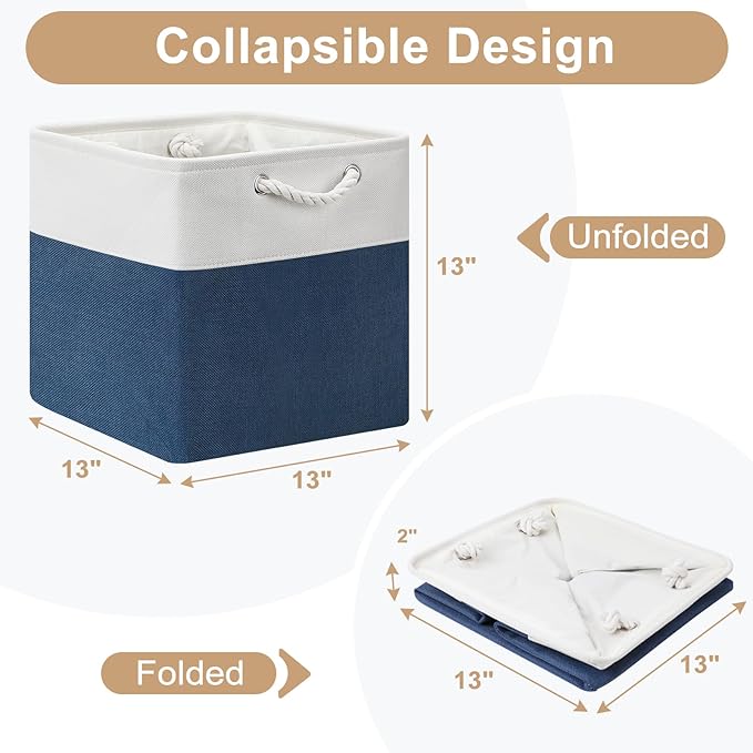 13x13 Storage Cube Bins 4Pack,Collapsible Cube Storage Organizer for Closet, Fabric Storage Box w/ Rope Handles, Foldable Sto