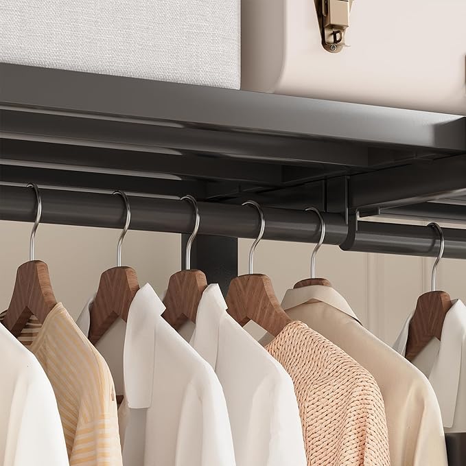 Heavy Duty Portable Closet Wardrobe, Garment Rack with Cover & Hanging Rods, Freestanding Wardrobe with Magnetic Door, Metal 