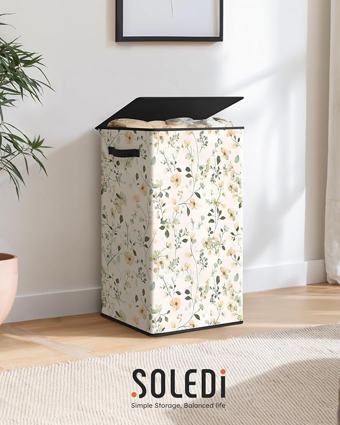 SOLEDI Laundry Hamper with Lid, 90L Tall & Large Floral Laundry Basket, Collapsible Clothes Hamper with Removable Bag, Dirty 