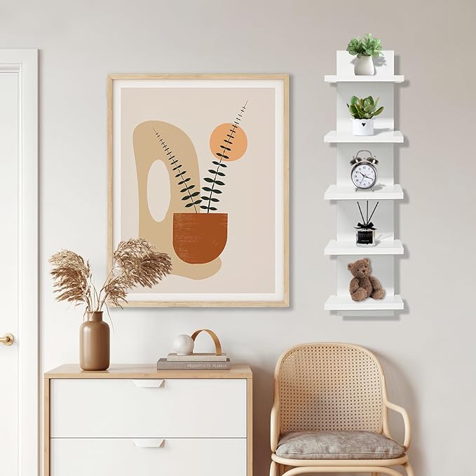 5 Tier Shelves for Wall, Decorative Wall Mounted Vertical Shelving Column Decor 30 Inch H Mounted Floating Storage Organizer 