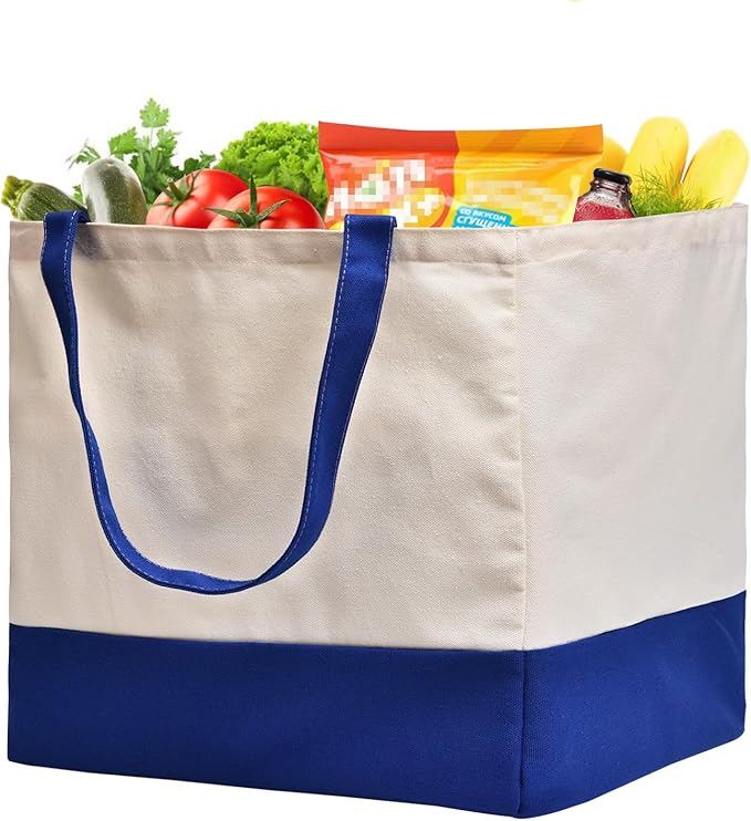 Canvas Reusable Grocery Bags Heavy Duty, 8.3 gal Foldable Large Tote Bag with Handles, Holds 60 lbs Canvas Shopping Bags, 1 Pack