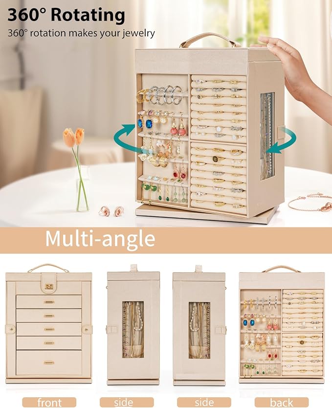 AKOZLIN Jewelry Box 360° Rotating 6-Tier Functional Jewelry Storage Case Organizer for Women Girls Ring Necklace Earring Brac