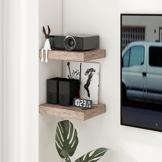 Deep Floating Shelves | 16 Inch Grey Floating Shelves Set of 2 | 12 Inch Deep Rustic Grey Wall Shelves | Deep Shelves for Liv
