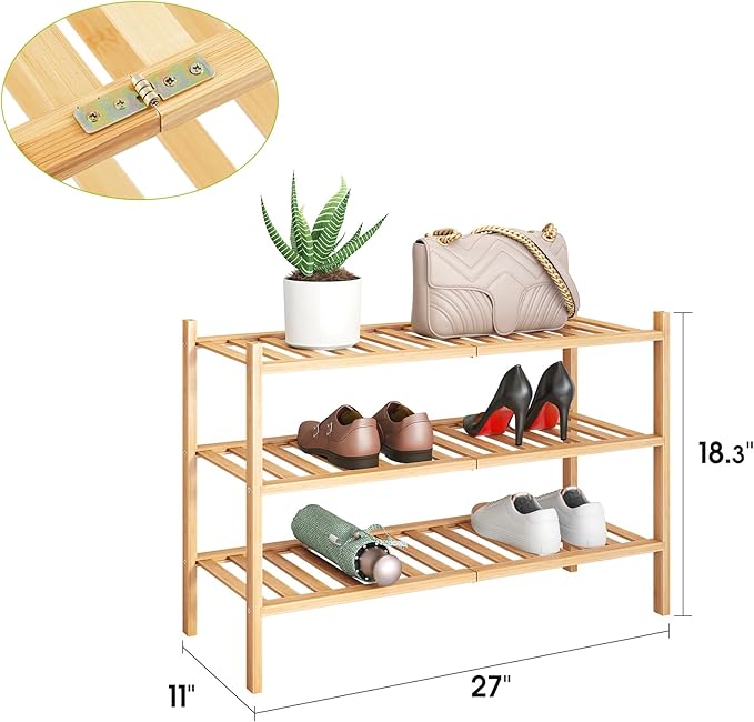 BMOSU 3-Tier Bamboo Shoe Rack Premium Stackable Shoe Shelf Storage Organizer for Hallway Closet Living Room Entryway Organize
