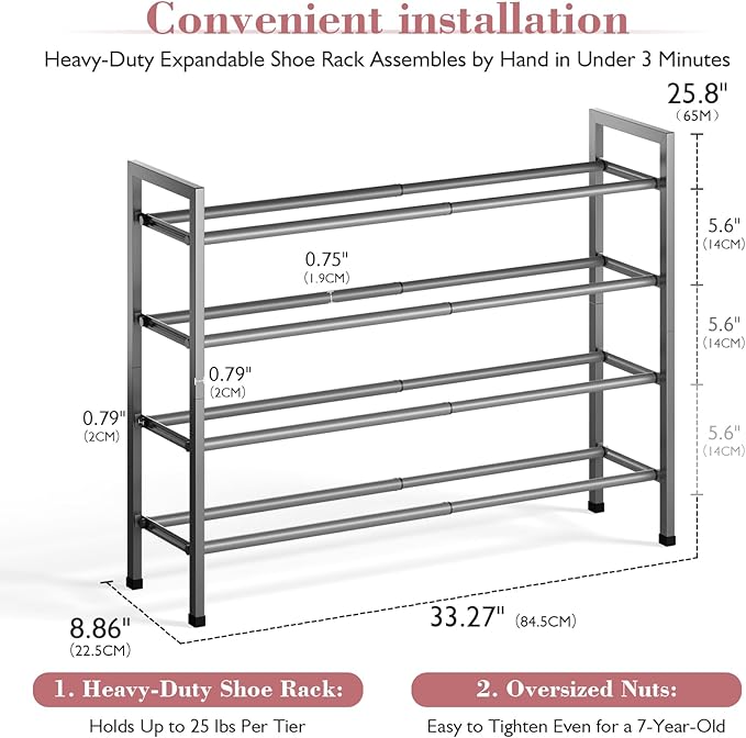 Bumusty 4-Tier Expandable Shoe Rack for Closet, 18“-33” Adjustable Shoe Rack for Small Space, Small Shoe Organizer for Front 