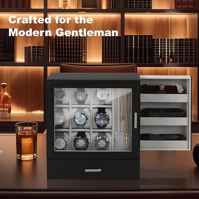 9-Slot Watch Display Case with Necklace Display, High End Men Jewelry Box w/ Drawer, Standing Watch Box for Men w/ Clear Lid,