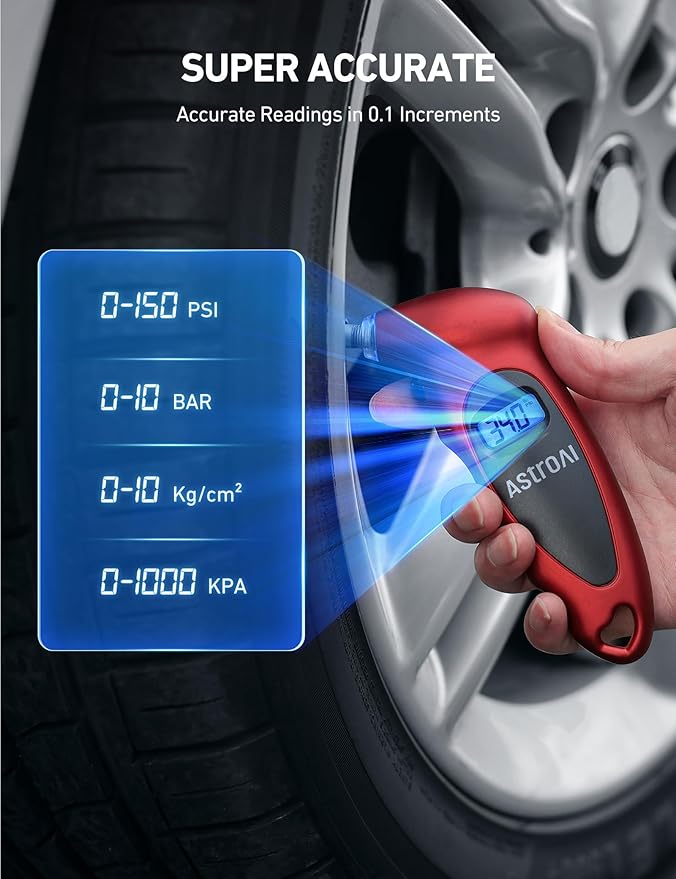 AstroAI Digital Tire Pressure Gauge 0-150PSI（Accurate in 0.1 Increments），4 Units for Car Truck Bicycle with Backlight LCD and Presta Valve Adaptor