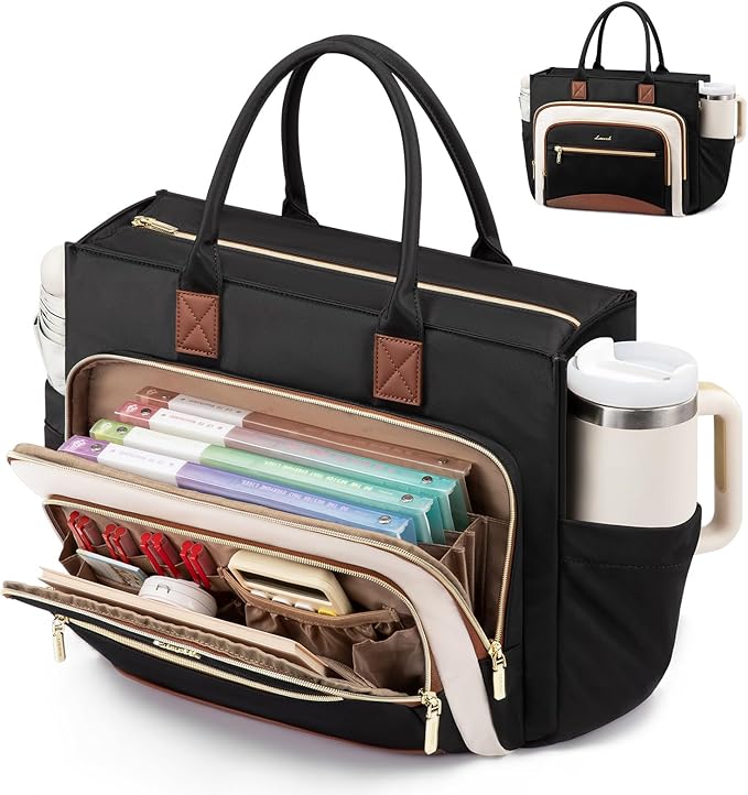 LOVEVOOK Teacher Tote Bag for Women,Laptop bag with Large Cup Holder,Work bag with Accordion File Organizer Pocket,Multi-Pock