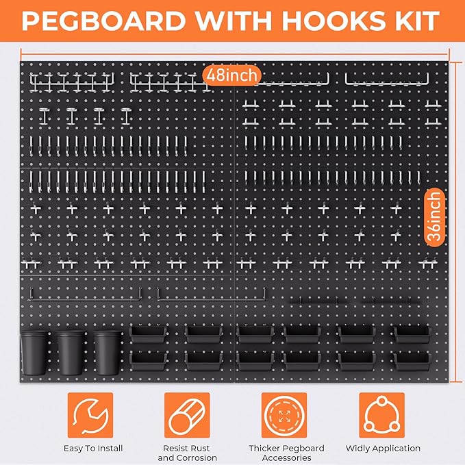 INCLY 48x36 Inch Metal Peg Board Kit with 1/4" Pegboard Hooks Accessories, 6PCS Peg Board Panels and 234PCS Black Pegboard Wa