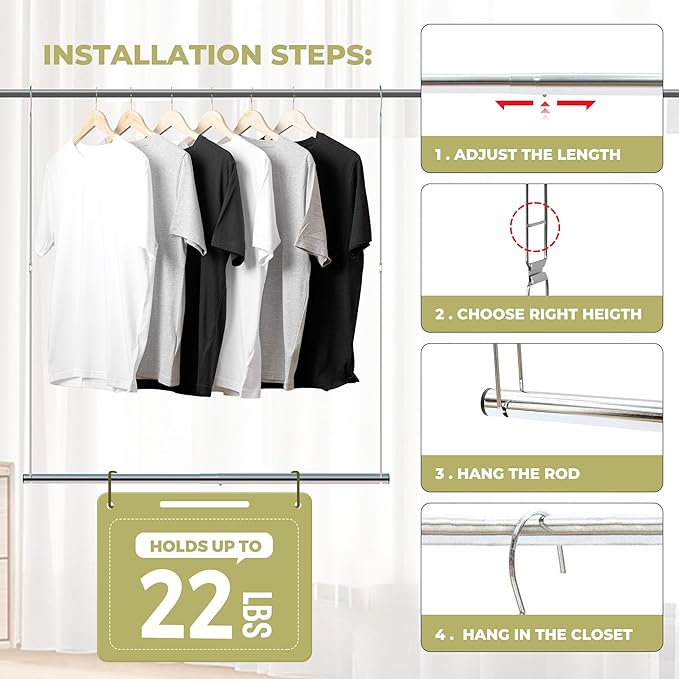 Hanging Closet Rod, 17-29In Adjustable Width and Up to 37In Height Adjustable Closet Rod Extender, Double Closet Rods Hanging