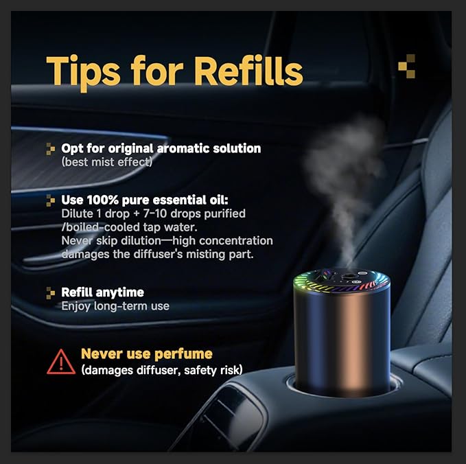 Smart Car Air Freshener with Star Light & 50ml Diffusers Oil Refills, Auto On/Off Aroma Diffuser, 3 Adjustable Mist Modes Rec
