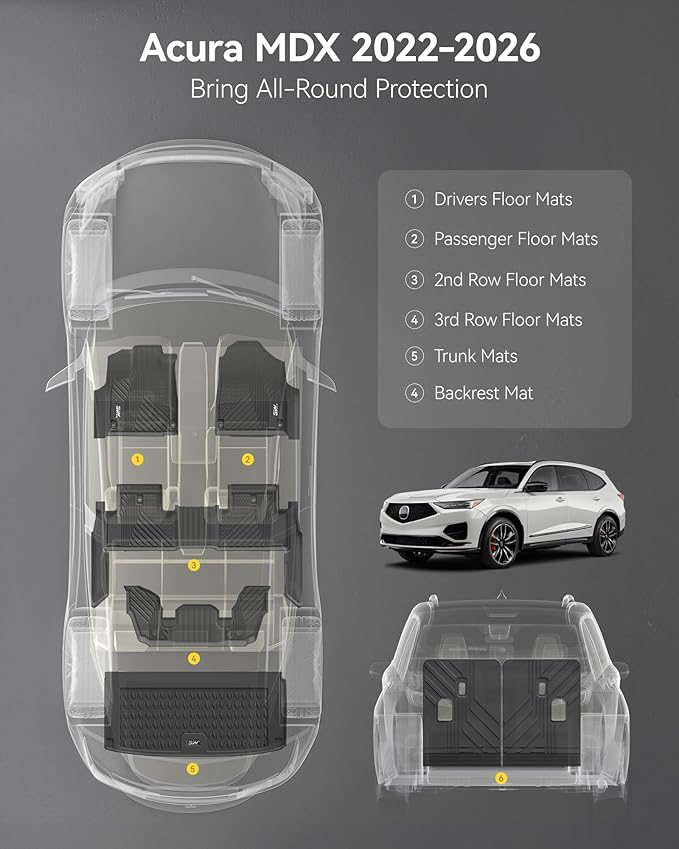 3W Floor Mats & Cargo Liner for Acura MDX 2022-2024 2025 2026, TPE Custom Fit Floor Liner & Trunk Mats & Backrest Mat, All Weather Acura MDX Accessories Car Mats 1st, 2nd and 3rd Row, Black
