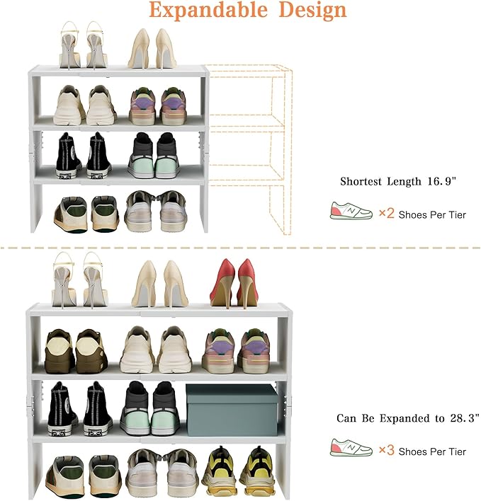 White Shoe Rack Organizer for Closet, 3-Tier Expandable Shoe Shelf, Stackable Iron Wood Combination Shoe Racks Shelves for Cl