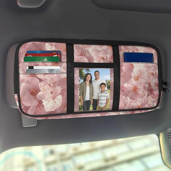 Car Sun Visor Storage Bag,Cherry Blossom Scratch-Resistant Car Essentials Tool Pack Car Visor Organizer with Zipper Fits Most Vehicles, SUVs, Trucks