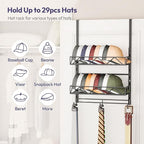 SWTYMIKI Over Door Hat Organizer - 3 Tier Wall Mounted Hat Rack with 2 Adjustable Metal Basket and 3 Hooks, Hanging Baseball 