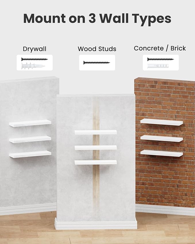 AMADA HOMEFURNISHING Floating Shelves, Wall Shelves for Bathroom/Living Room/Bedroom/Kitchen Decor, White Shelves with Invisi