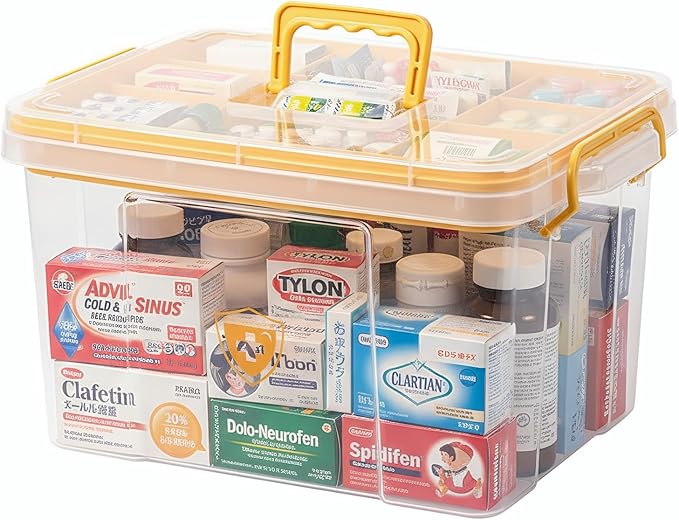 Pulseplay Clear Medicine Storage Box with Handle Portable Medicine Cabinet Organizer Multipurpose Plastic Storage Box with Re