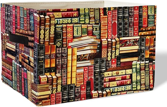 Vintage Library Books Storage Basket Organizer Bins With Handles,Retro Bookish Foldable Organizer Basket Toybox for Reading C