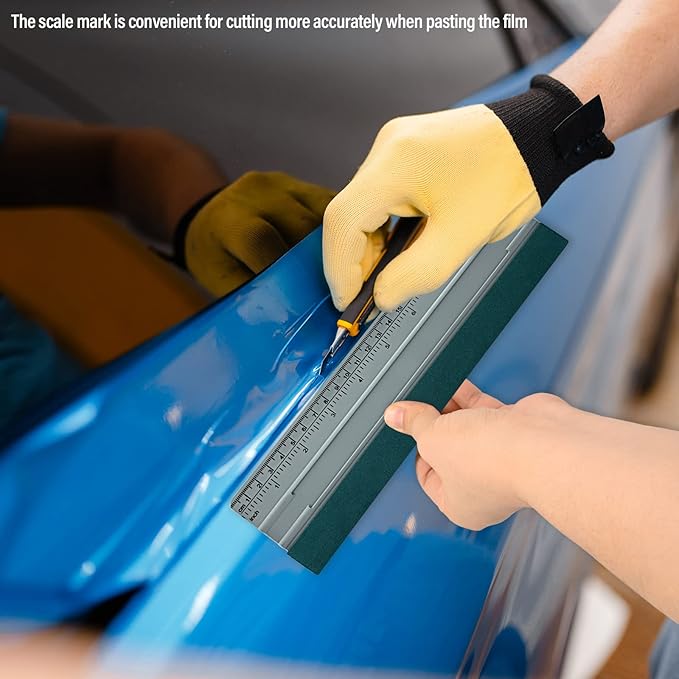 FOSHIO 8 Inch Felt Squeegee for Vinyl wtih Ruler 20CM 4 Round Corners Universal Card, Window Tint Film Installing Hard Silver PP Car Vinyl Wrap Scraper Tool