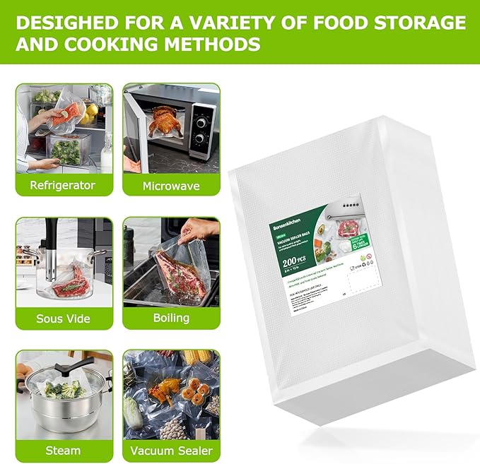 Bonsenkitchen Precut Vacuum Sealer Bags 200 Quart 8" x 12", BPA Free, Commercial Grade Textured Food Vacuum Sealer Bag, Thick