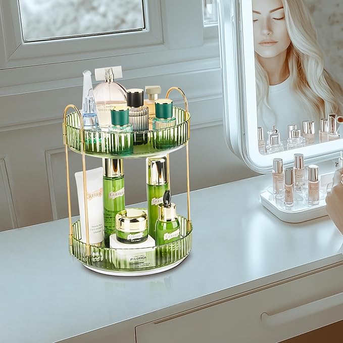360 Rotating Makeup Organizer, 2 Tier Lazy Susan Bathroom Counter Organizer, Skincare Organizers, Spinning Perfume Organizer 