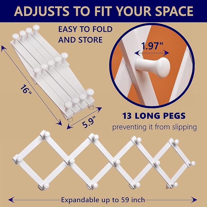 Amber Home Wood Accordion Wall Rack 13 Hooks (Pegs), Expandable Wall Mounted Hanger for Coat, Hat, Scarf, Coffee Mugs, X Shap