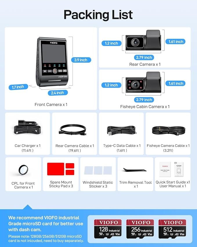 VIOFO A229 Ultra 3 Channel Dash Cam, Dual 4K + 1080P, 210° Fisheye Cabin Car Camera, Triple STARVIS 2 Sensors with Dual 4K HD
