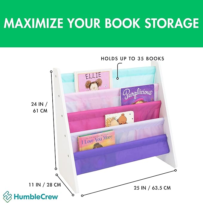 Humble Crew 4-Tier Kids Bookshelf, White/Pink/Purple/Blue - Premium Book Shelf for Kids Rooms with Four Deep Pockets - Toddle