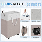 HomeHacks Laundry Basket with Wheels, Rolling Laundry Hamper, Collapsible & Waterproof Clothes Hamper, Narrow Corner Bins wit